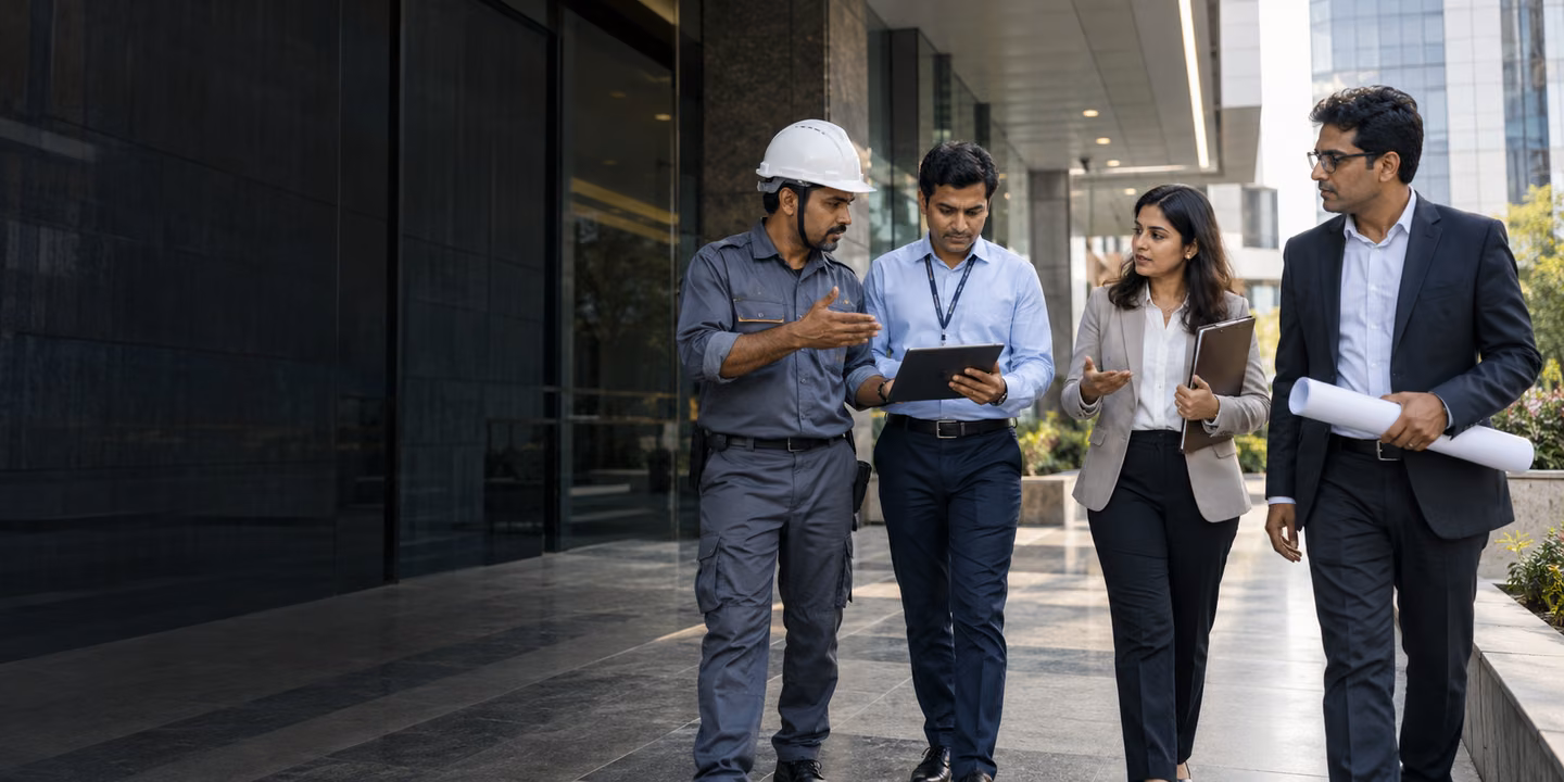 Facilities team walking through an active site