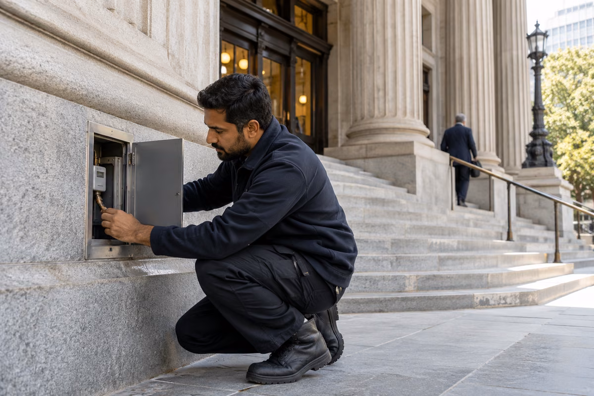 Technician maintaining a civic building