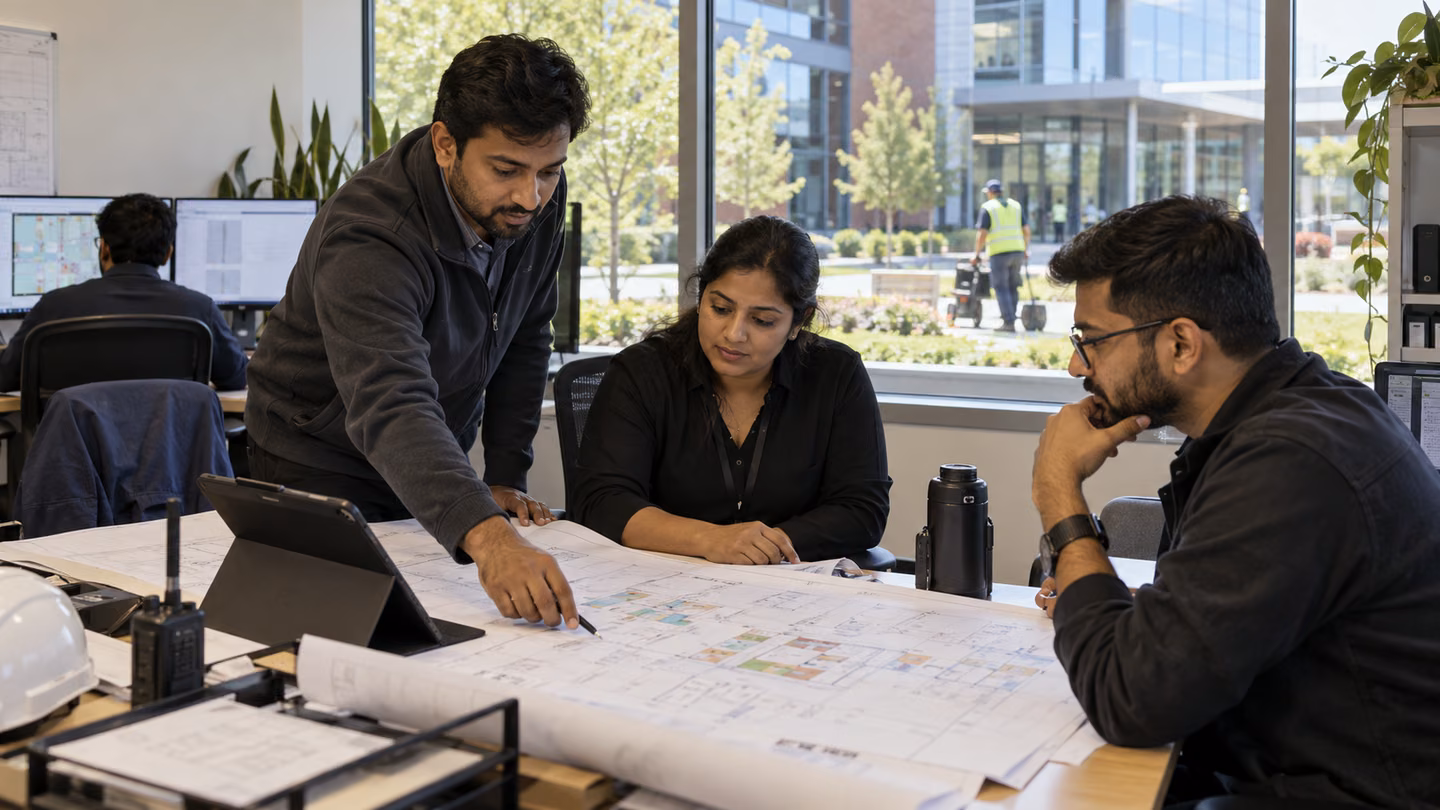 Facilities team reviewing site plans together