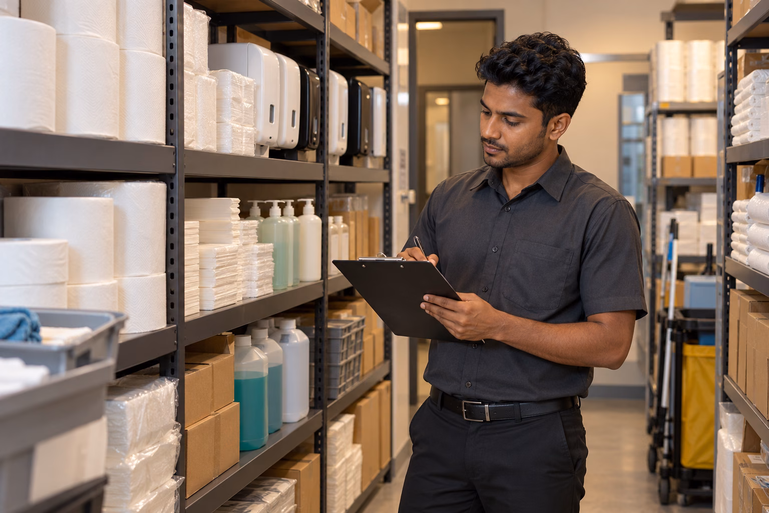 Facilities supply coordinator checking washroom and cleaning consumables