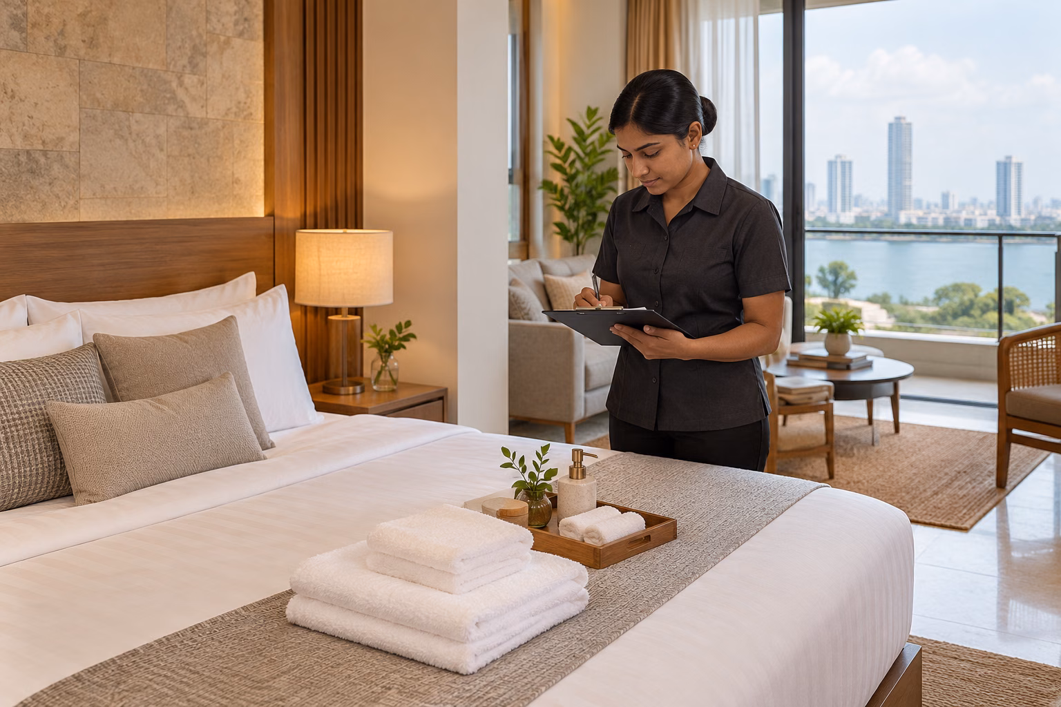 Property care professional checking a prepared short-term rental apartment