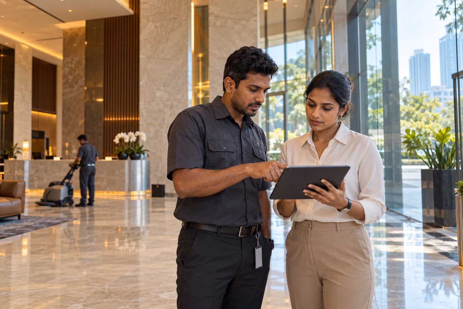 Facilities operations team coordinating work with a tablet on site